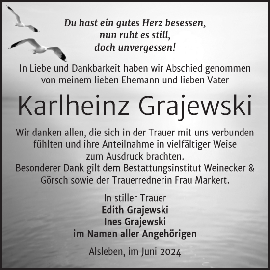 Traueranzeige von Karlheinz Grajewski von Trauerkombi Bernburg