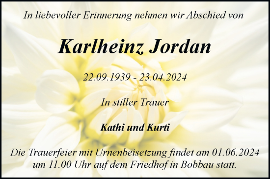 Traueranzeige von Karlheinz Jordan von Trauerkombi Bitterfeld