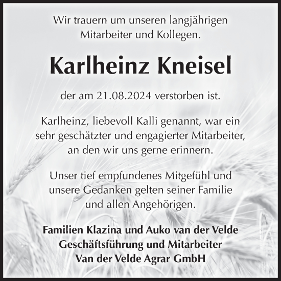 Traueranzeige von Karlheinz Kneisel von Volksstimme Staßfurt