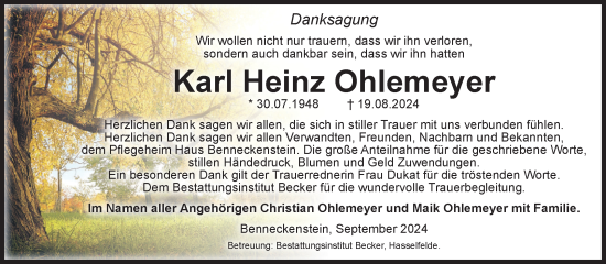 Traueranzeige von Karl Heinz Ohlemeyer von Volksstimme Wernigerode