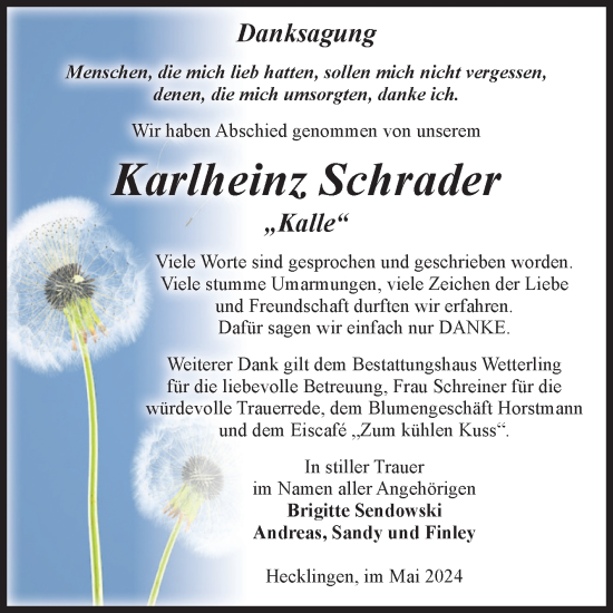 Traueranzeige von Karlheinz Schrader von Volksstimme Staßfurt