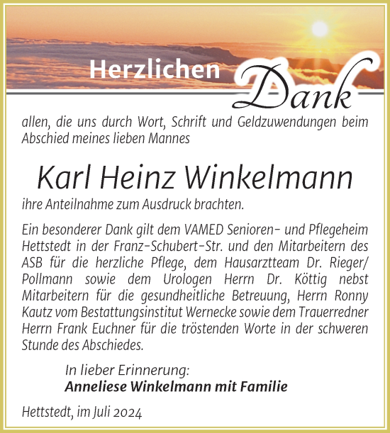 Traueranzeige von Karl Heinz Winkelmann von Trauerkombi Mansfelder Land