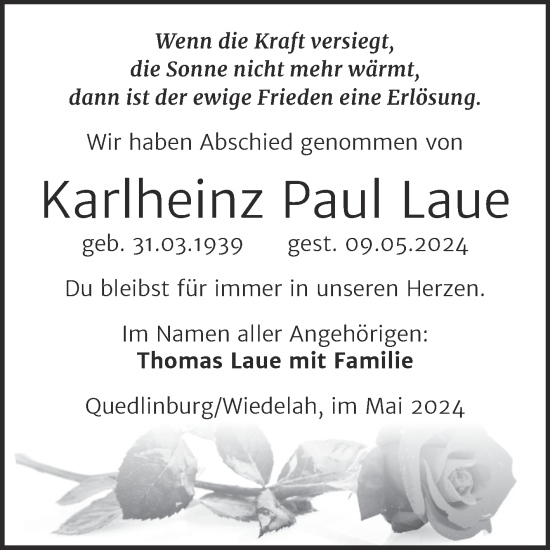 Traueranzeige von Karlheinz Paul Laue von Trauerkombi Quedlinburg