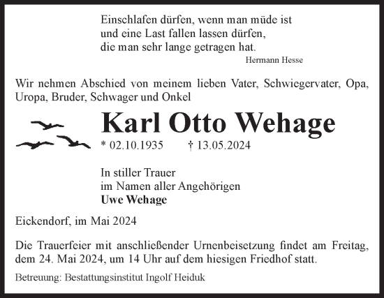 Traueranzeige von Karl Otto Wehage von Volksstimme Schönebeck