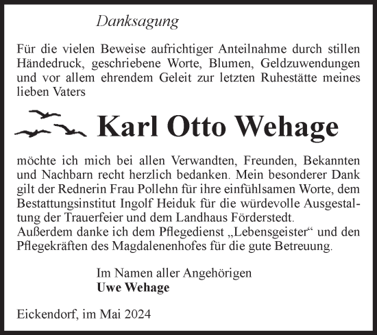 Traueranzeige von Karl Otto Wehage von Volksstimme Schönebeck
