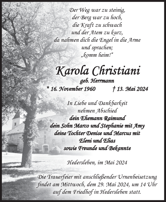 Traueranzeige von Karola Christiani von Super Sonntag Quedlingburg