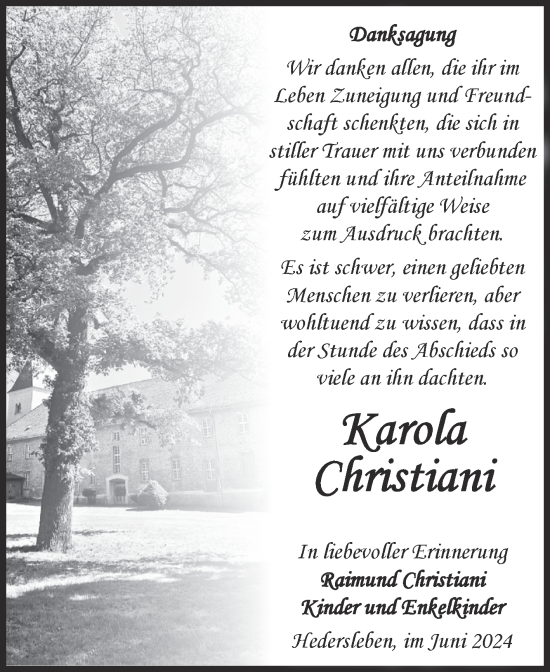 Traueranzeige von Karola Christiani von Super Sonntag Quedlingburg