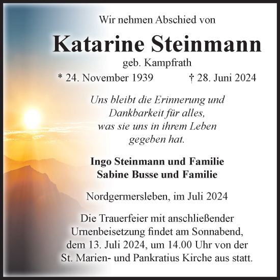 Traueranzeige von Katarine Steinmann von Volksstimme Haldensleben/Wolmirstedt