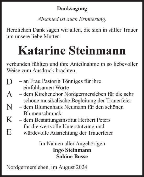 Traueranzeige von Katarine Steinmann von Volksstimme Haldensleben/Wolmirstedt