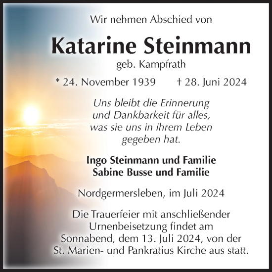 Traueranzeige von Katarine Steinmann von Volksstimme Haldensleben/Wolmirstedt