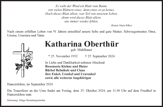 Traueranzeige von Katharina Oberthür von Volksstimme Oschersleben/Wanzleben