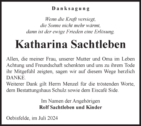 Traueranzeige von Katharina Sachtleben von Volksstimme Altmark West