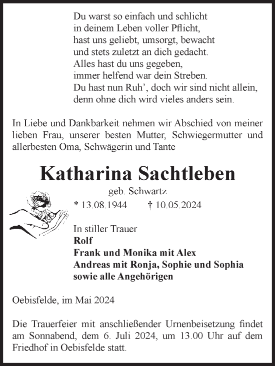 Traueranzeige von Katharina Sachtleben von Volksstimme Altmark West