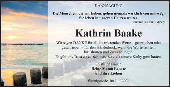 Traueranzeige von Kathrin Baake von Volksstimme Wernigerode