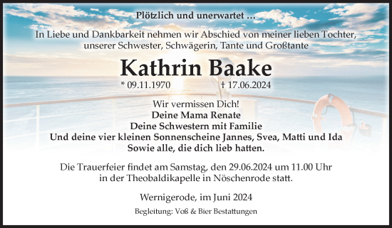 Traueranzeige von Kathrin Baake von Volksstimme Wernigerode