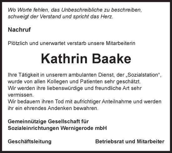 Traueranzeige von Kathrin Baake von Volksstimme Wernigerode