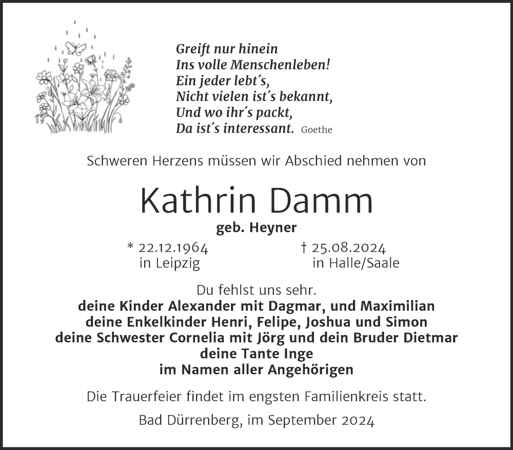  Traueranzeige für Kathrin Damm vom 07.09.2024 aus Trauerkombi Merseburg