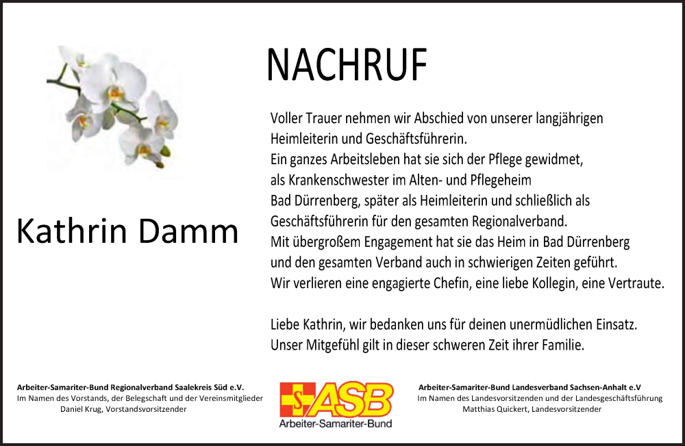  Traueranzeige für Kathrin Damm vom 14.09.2024 aus Mitteldeutsche Zeitung Merseburg/Querfurt