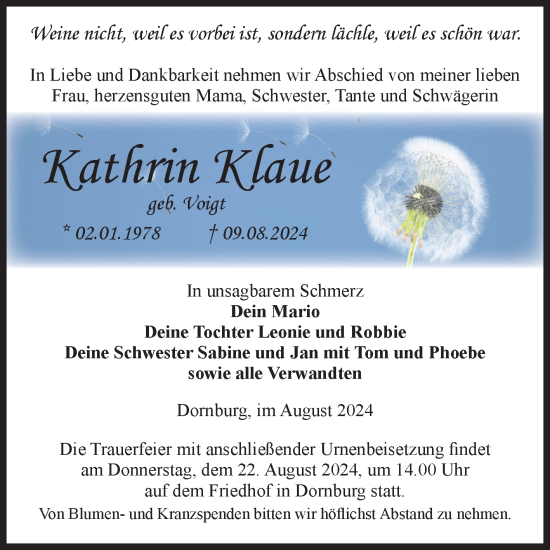 Traueranzeige von Kathrin Klaue von Volksstimme Burg/Genthin