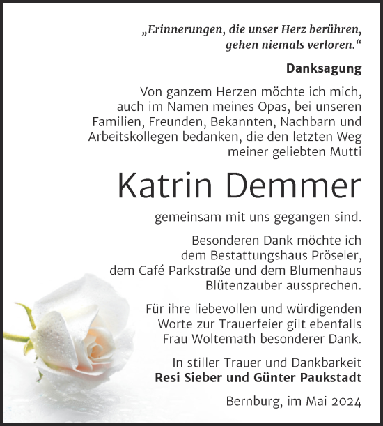 Traueranzeige von Katrin Demmer von Trauerkombi Bernburg