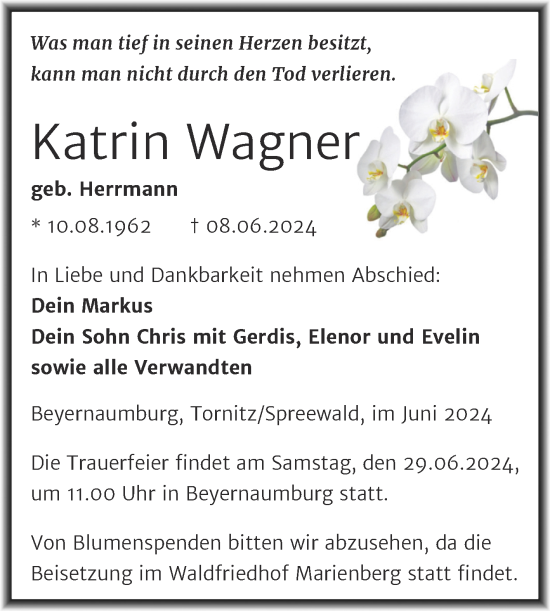 Traueranzeige von Katrin Wagner von Trauerkombi Sangerhausen