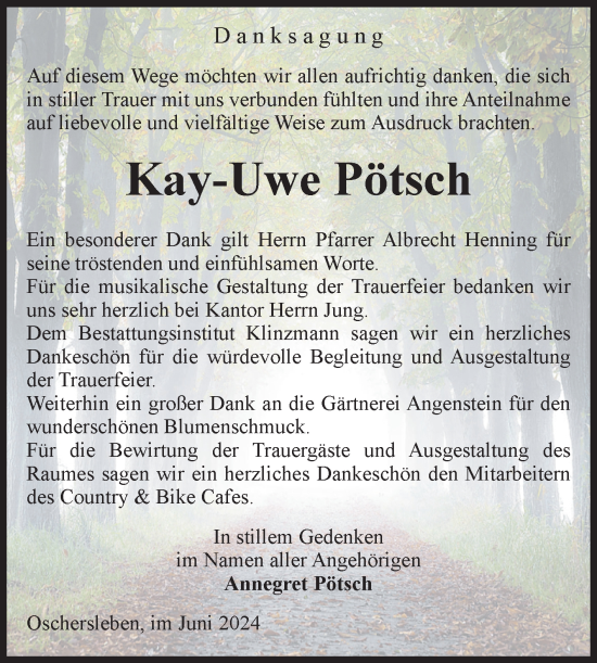 Traueranzeige von Kay-Uwe Pötsch von Volksstimme Oschersleben/Wanzleben