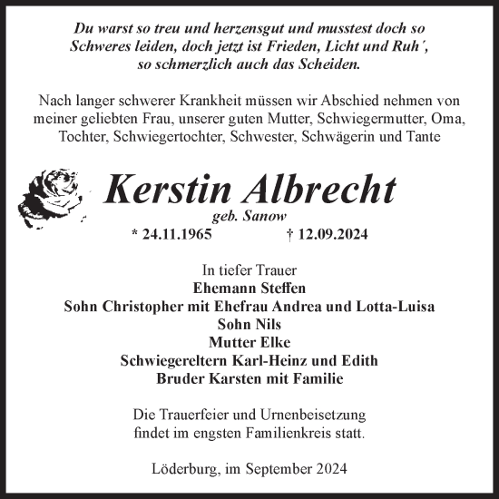 Traueranzeige von Kerstin Albrecht von Volksstimme Staßfurt