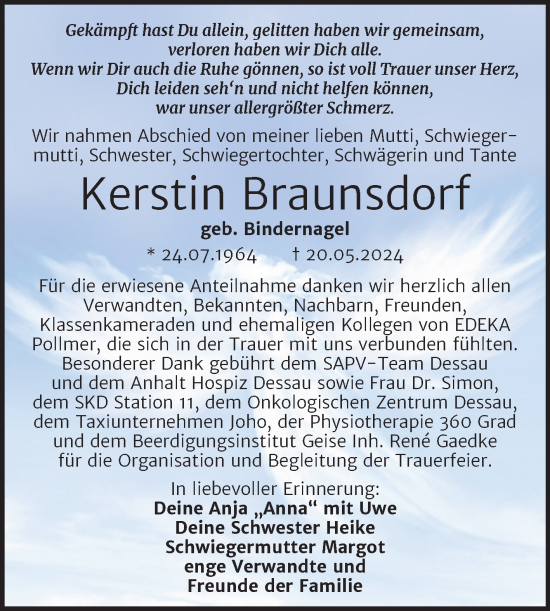 Traueranzeige von Kerstin Braunsdorf von Trauerkombi Dessau