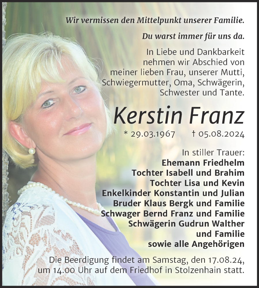  Traueranzeige für Kerstin Franz vom 10.08.2024 aus Trauerkombi Zeitz