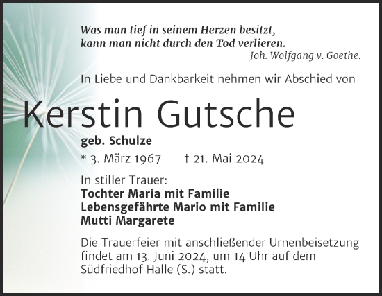 Traueranzeige von Kerstin Gutsche von Mitteldeutsche Zeitung Halle/Saalkreis