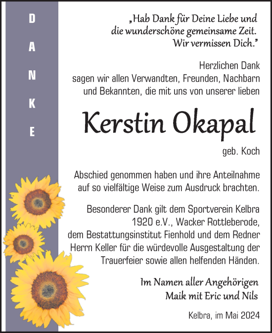 Traueranzeige von Kerstin Okapal von Trauerkombi Sangerhausen