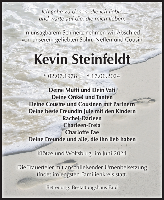 Traueranzeige von Kevin Steinfeldt von Volksstimme Altmark West