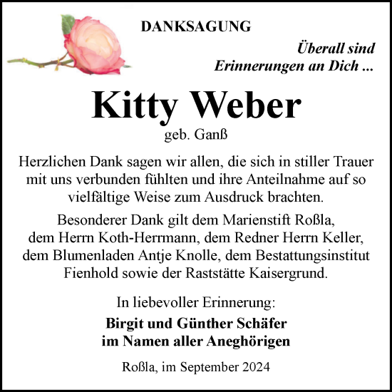 Traueranzeige von Kitty Weber von Trauerkombi Sangerhausen