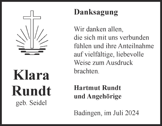 Traueranzeige von Klara Rundt von Volksstimme Altmark Ost