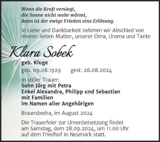 Traueranzeige von Klara Sobek von Trauerkombi Merseburg