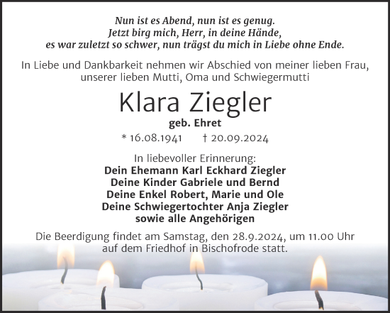 Traueranzeige von Klara Ziegler von Mitteldeutsche Zeitung Mansfelder Land