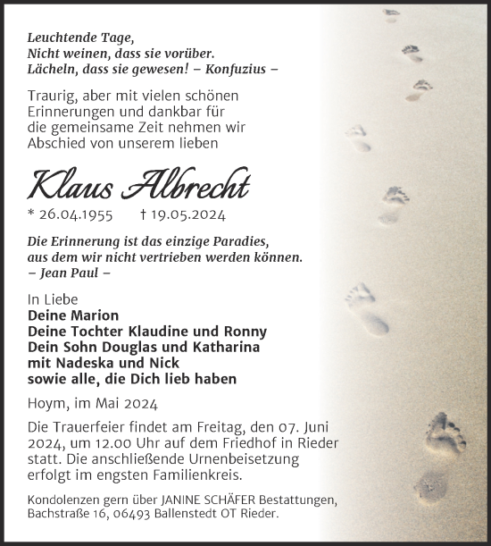 Traueranzeige von Klaus Albrecht von Trauerkombi Aschersleben