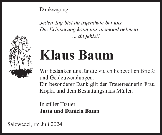 Traueranzeige von Klaus Baum von Volksstimme Altmark West