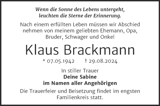 Traueranzeige von Klaus Brackmann von Trauerkombi Dessau