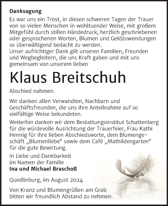 Traueranzeige von Klaus Breitschuh von Trauerkombi Quedlinburg