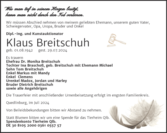Traueranzeige von Klaus Breitschuh von Trauerkombi Quedlinburg