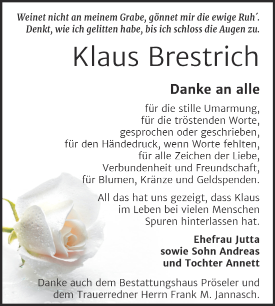 Traueranzeige von Klaus Brestrich von Trauerkombi Bernburg