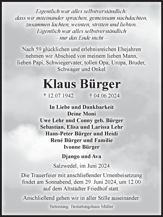 Traueranzeige von Klaus Bürger von Volksstimme Altmark West