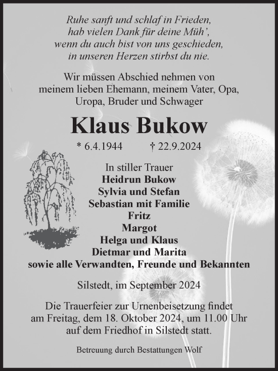 Traueranzeige von Klaus Bukow von Volksstimme Wernigerode