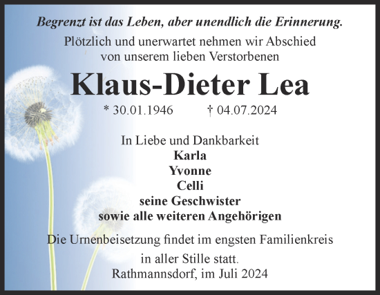 Traueranzeige von Klaus-Diete-r Lea von Volksstimme Staßfurt