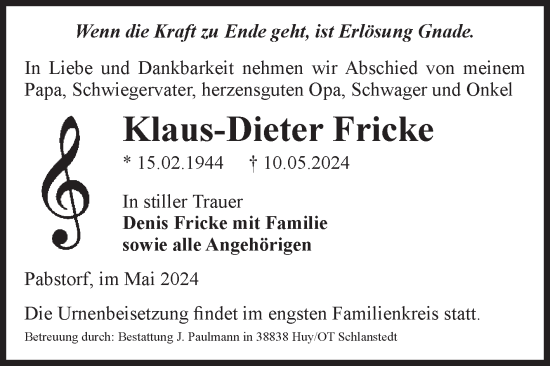 Traueranzeige von Klaus-Dieter Fricke von Volksstimme Halberstadt