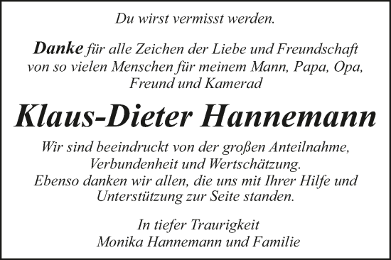 Traueranzeige von Klaus-Dieter Hannemann von Trauerkombi Dessau
