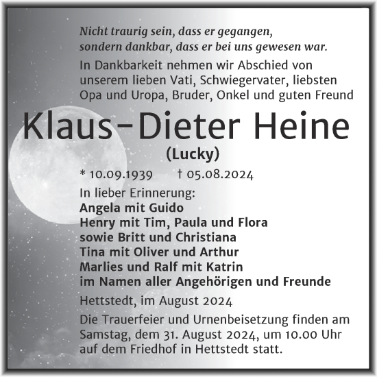 Traueranzeige von Klaus-Dieter Heine von Trauerkombi Mansfelder Land