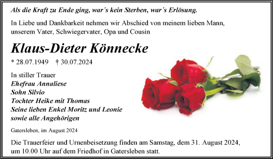 Traueranzeige von Klaus-Dieter Könnecke von Trauerkombi Aschersleben
