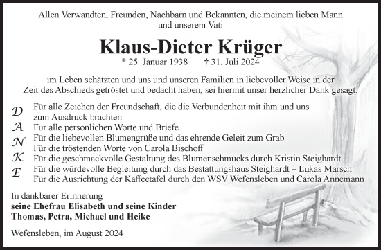 Traueranzeige von Klaus-Dieter Krüger von Volksstimme Oschersleben/Wanzleben